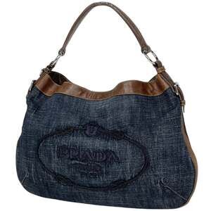 Prada PRADA Logo Shoulder Bag, One-Shoulder, Denim, Blue, Brown, Women's
